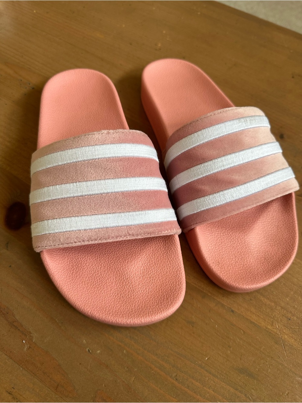Adidas pink fuzzy Slide Sandals with White Stripes